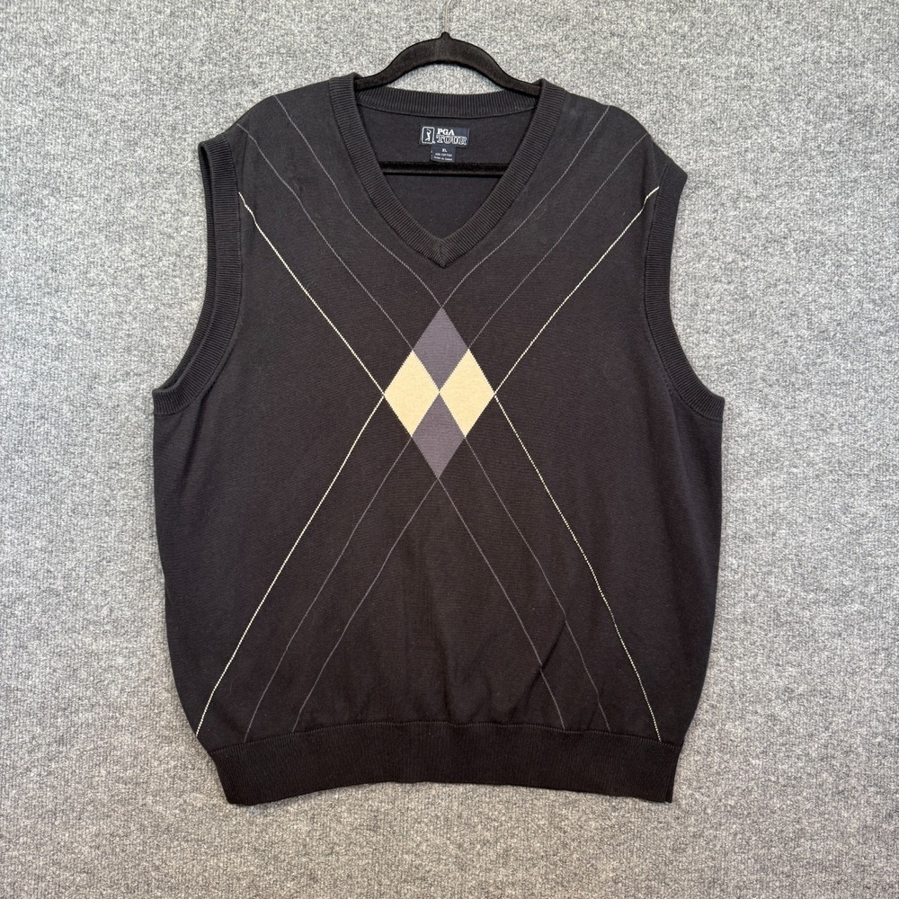 PGA Tour Sweater Vest Mens XL Black Argyle Golf Sweater Vneck Pullover Old Money